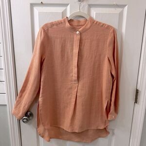 OFFON 100% linen long sleeve button down mandarin color shirt tunic w split hem